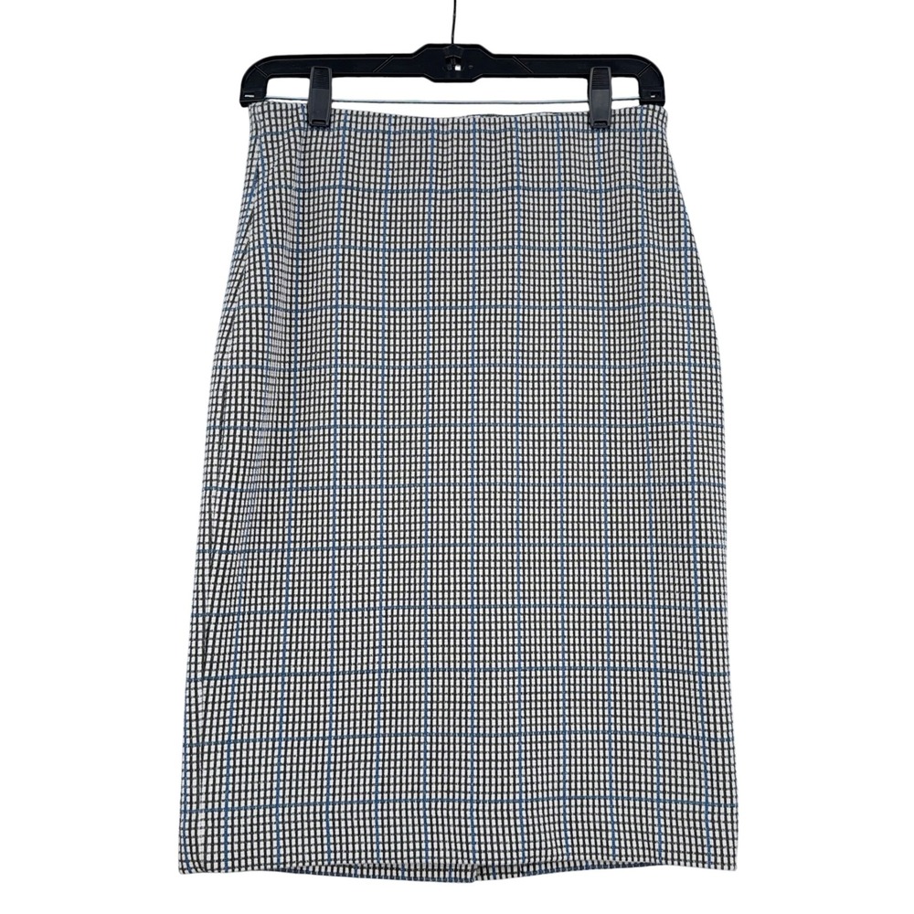 Ann Taylor Pencil Skirt Women S Poly Cotton Blend Blue Black White Plaid - Picture 1 of 7
